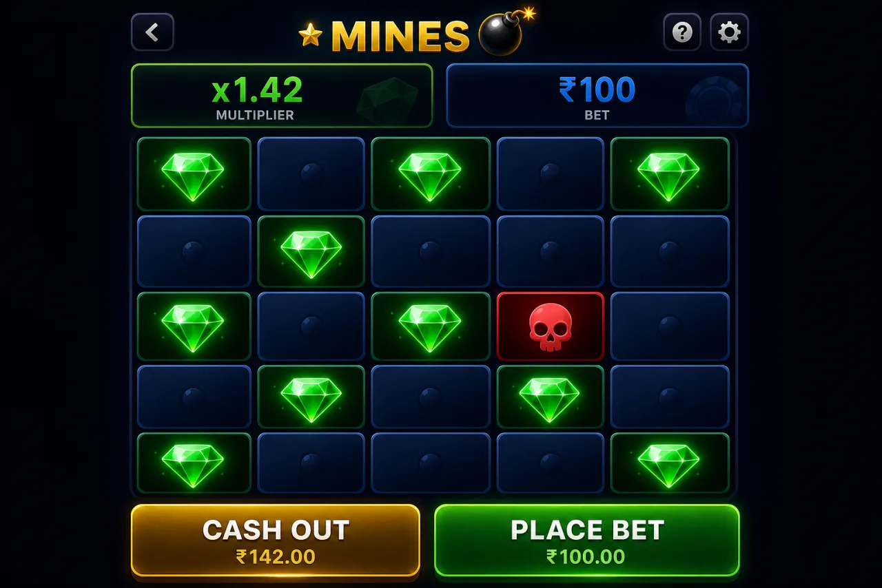 Mines tile-flipping bomb game with emerald gems on Daman Games