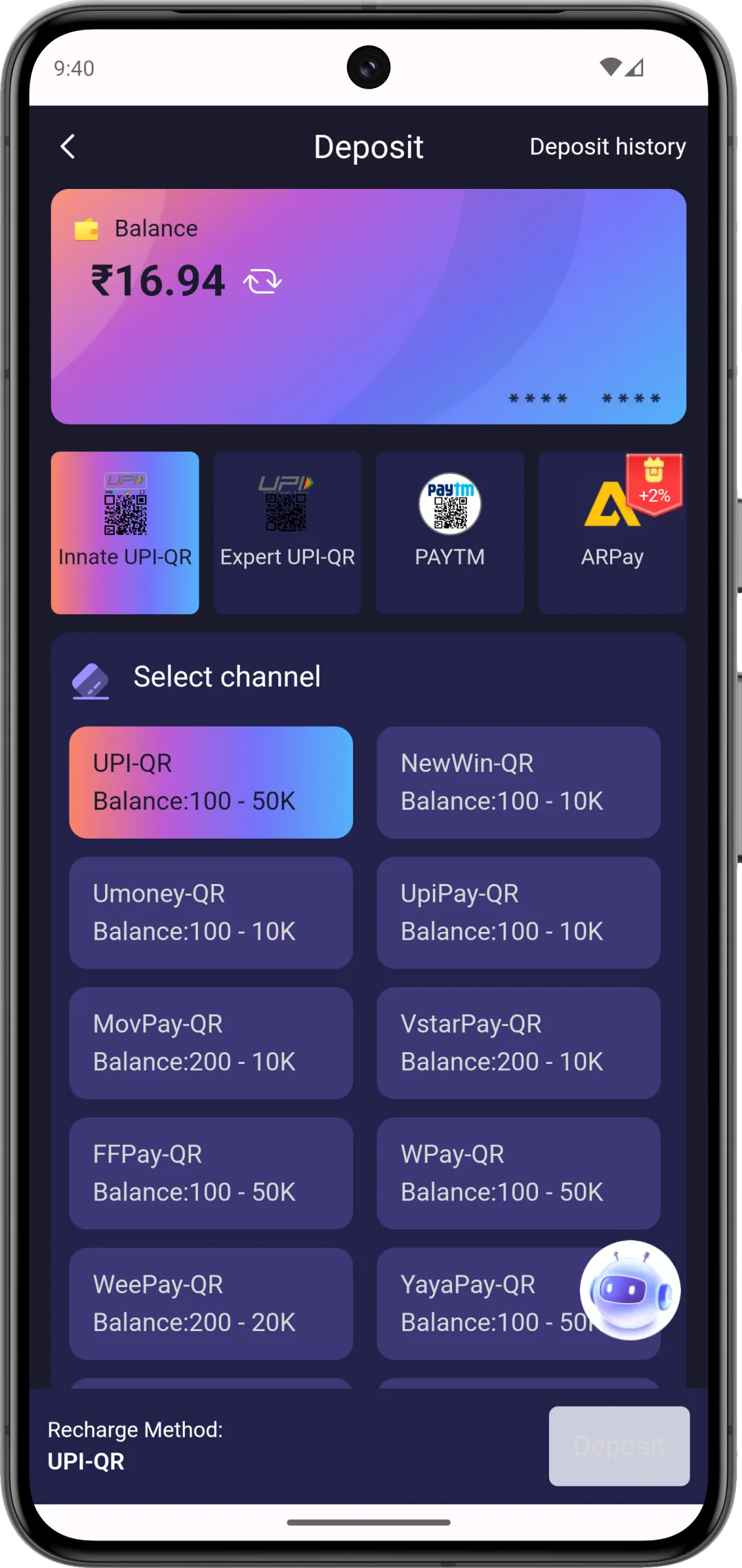 Daman Games deposit page showing UPI payment options with rotating VPAs and quick-amount buttons in Indian rupees