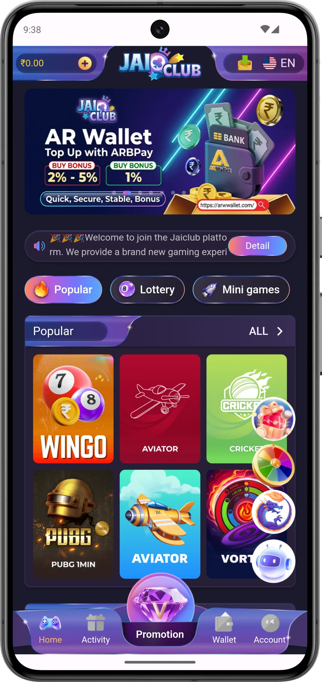 Daman Games app home screen with game tiles, banners and bottom navigation