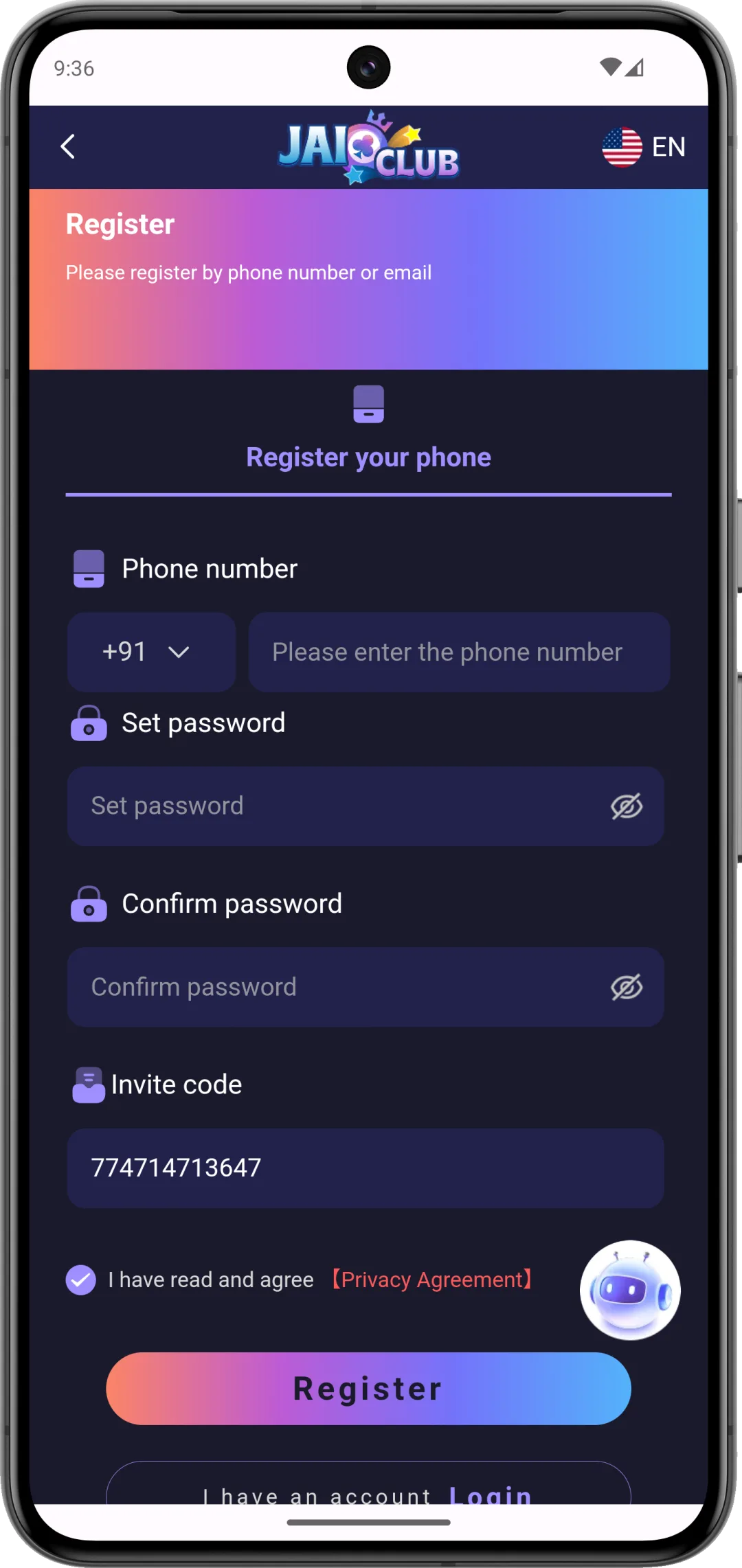 Daman Games register screen with mobile-number, OTP, password and optional invitation-code fields